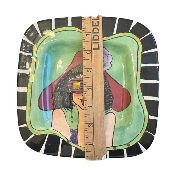 Hand-Painted Ceramic Square Plate With Whimsical Woman Design By Character Colle - Picture 6 of 6